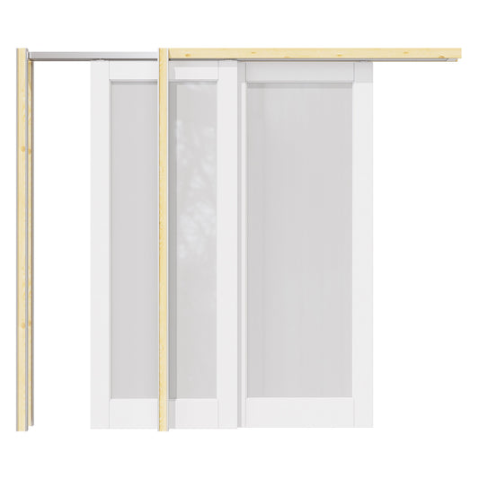 Jujubon 1 lite Frosted Glass Double Bypass Pocket Door with Hardware Kit & Soft Close & Frame, Solid Core MDF Wood & Paint-grade Finished, White