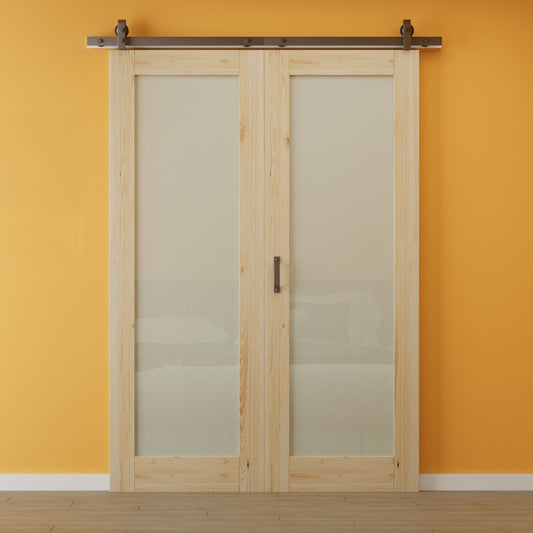 JUJUBON Pre-Assembled Bifold Barn Doors and Hardware Included, Unfinished MDF Full Frosted Glass Bi Fold Barn Doors with Good Privacy, Interior Bifold Sliding Barn Door for Closet Pantry Laundry