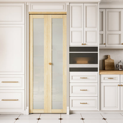 JUJUBON Glass Bifold Closet Door, Pine Wood Interior Door Slab with Tempered Frosted Glass, Folding Barn Door Interior with Hardware, Fascia & Knob, Unfnished Smooth Surface