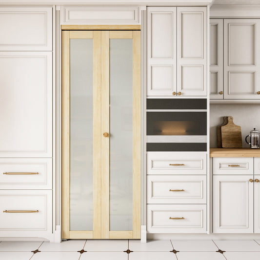 JUJUBON Glass Bifold Closet Door, Pine Wood Interior Door Slab with Tempered Frosted Glass, Folding Barn Door Interior with Hardware, Fascia & Knob, Unfnished Smooth Surface