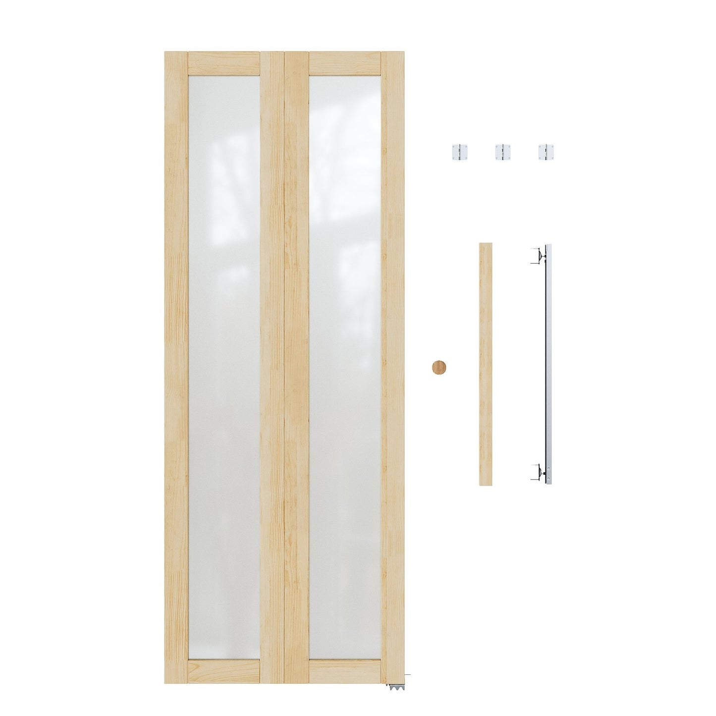 JUJUBON Glass Bifold Closet Door, Pine Wood Interior Door Slab with Tempered Frosted Glass, Folding Barn Door Interior with Hardware, Fascia & Knob, Unfnished Smooth Surface