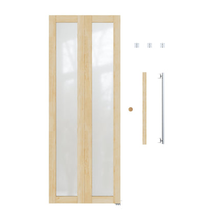 JUJUBON Glass Bifold Closet Door, Pine Wood Interior Door Slab with Tempered Frosted Glass, Folding Barn Door Interior with Hardware, Fascia & Knob, Unfnished Smooth Surface