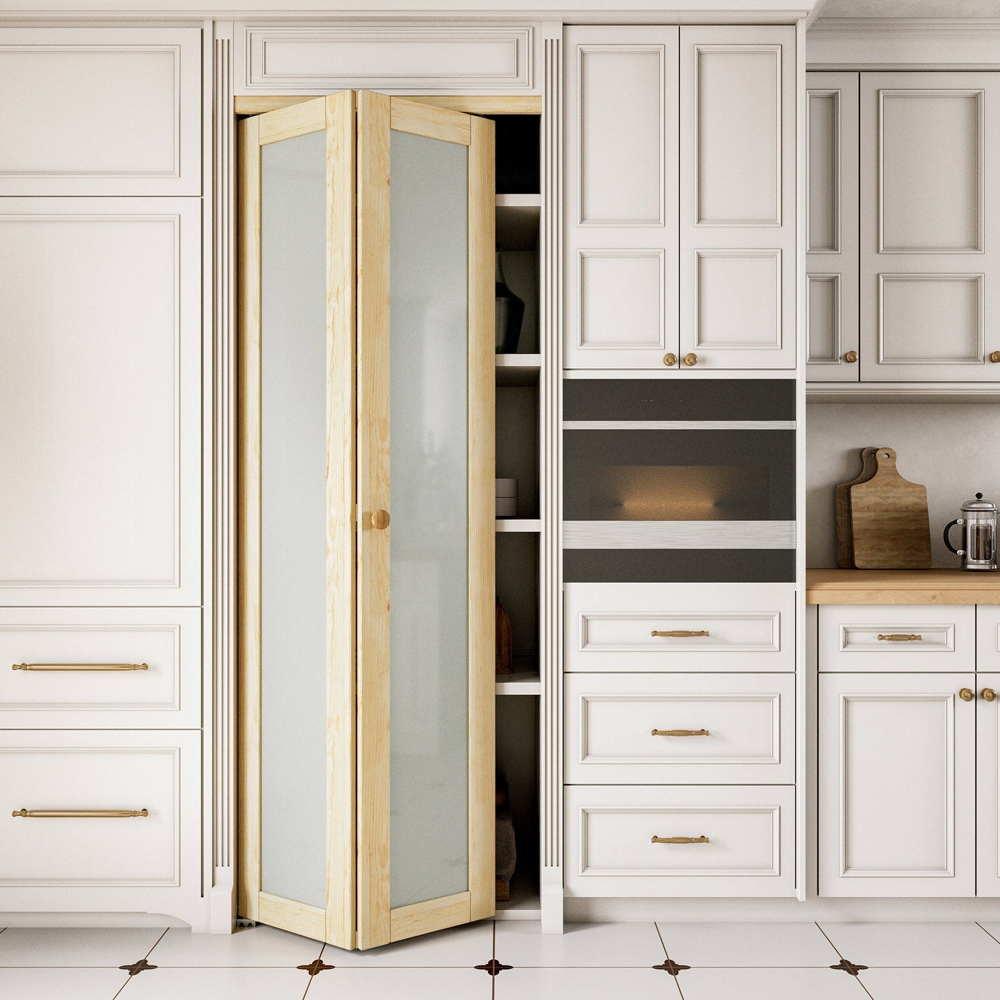 JUJUBON Glass Bifold Closet Door, Pine Wood Interior Door Slab with Tempered Frosted Glass, Folding Barn Door Interior with Hardware, Fascia & Knob, Unfnished Smooth Surface