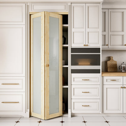 JUJUBON Glass Bifold Closet Door, Pine Wood Interior Door Slab with Tempered Frosted Glass, Folding Barn Door Interior with Hardware, Fascia & Knob, Unfnished Smooth Surface