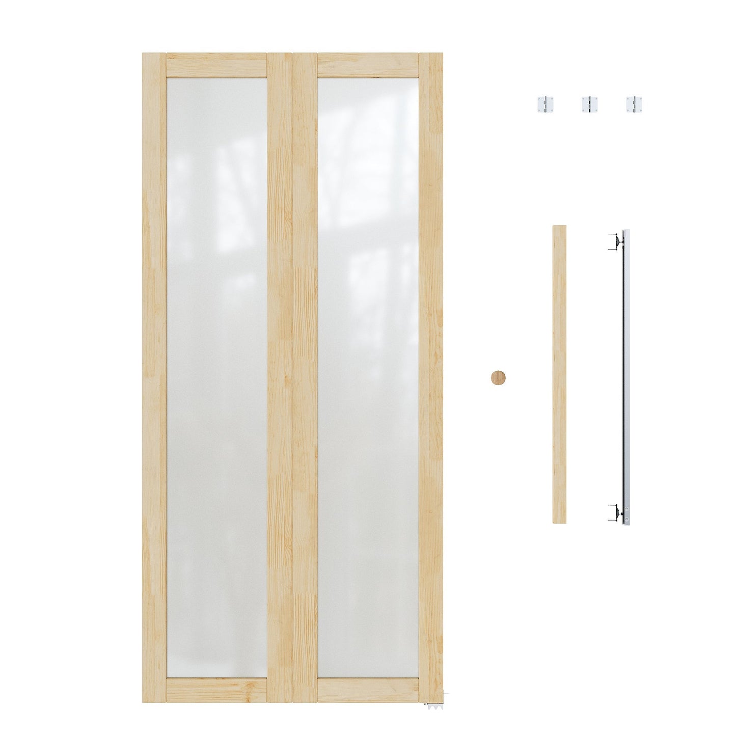 JUJUBON Glass Bifold Closet Door, Pine Wood Interior Door Slab with Tempered Frosted Glass, Folding Barn Door Interior with Hardware, Fascia & Knob, Unfnished Smooth Surface