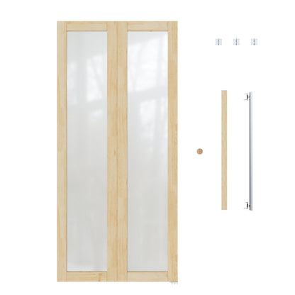 JUJUBON Glass Bifold Closet Door, Pine Wood Interior Door Slab with Tempered Frosted Glass, Folding Barn Door Interior with Hardware, Fascia & Knob, Unfnished Smooth Surface