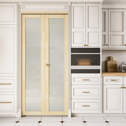 JUJUBON Glass Bifold Closet Door, Pine Wood Interior Door Slab with Tempered Frosted Glass, Folding Barn Door Interior with Hardware, Fascia & Knob, Unfnished Smooth Surface