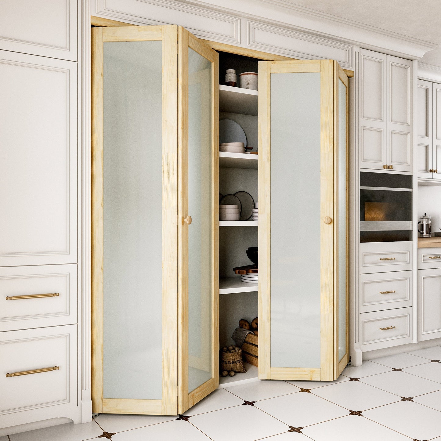 JUJUBON Glass Bifold Closet Door, Pine Wood Interior Door Slab with Tempered Frosted Glass, Folding Barn Door Interior with Hardware, Fascia & Knob, Unfnished Smooth Surface