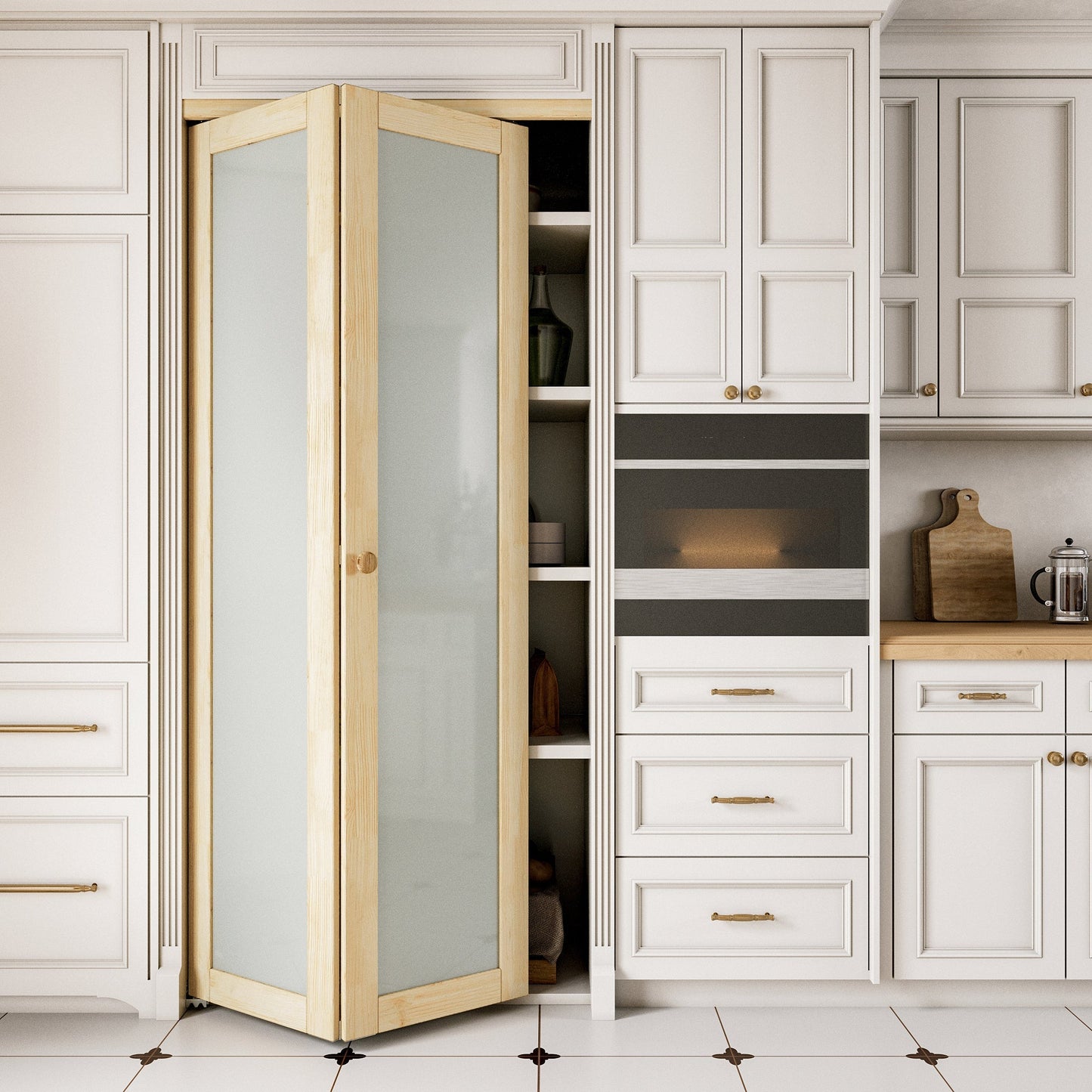 JUJUBON Glass Bifold Closet Door, Pine Wood Interior Door Slab with Tempered Frosted Glass, Folding Barn Door Interior with Hardware, Fascia & Knob, Unfnished Smooth Surface