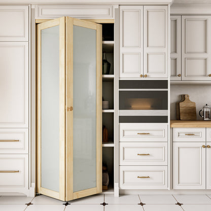 JUJUBON Glass Bifold Closet Door, Pine Wood Interior Door Slab with Tempered Frosted Glass, Folding Barn Door Interior with Hardware, Fascia & Knob, Unfnished Smooth Surface