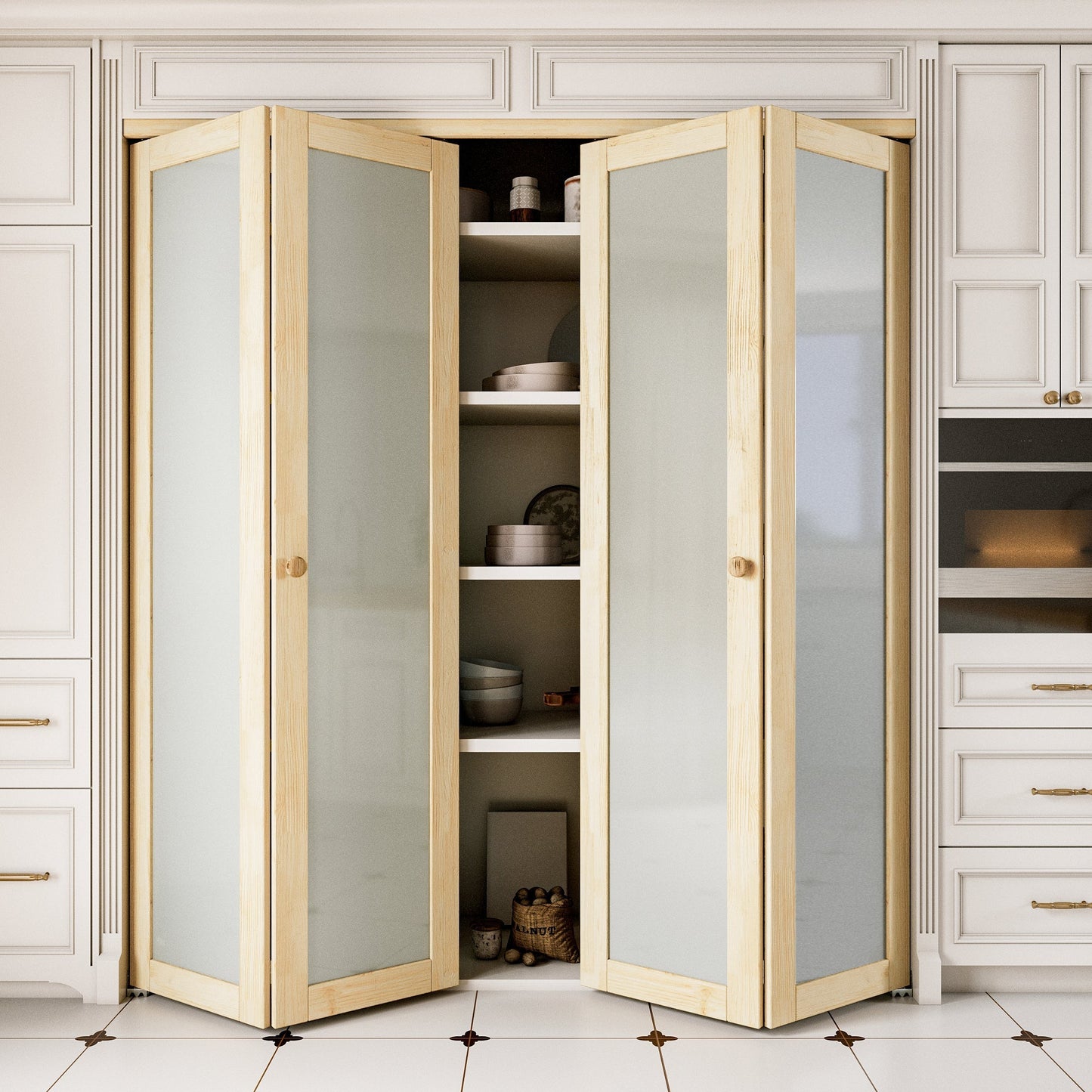 JUJUBON Glass Bifold Closet Door, Pine Wood Interior Door Slab with Tempered Frosted Glass, Folding Barn Door Interior with Hardware, Fascia & Knob, Unfnished Smooth Surface