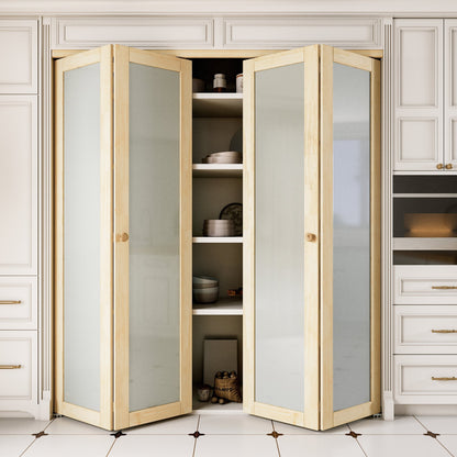 JUJUBON Glass Bifold Closet Door, Pine Wood Interior Door Slab with Tempered Frosted Glass, Folding Barn Door Interior with Hardware, Fascia & Knob, Unfnished Smooth Surface