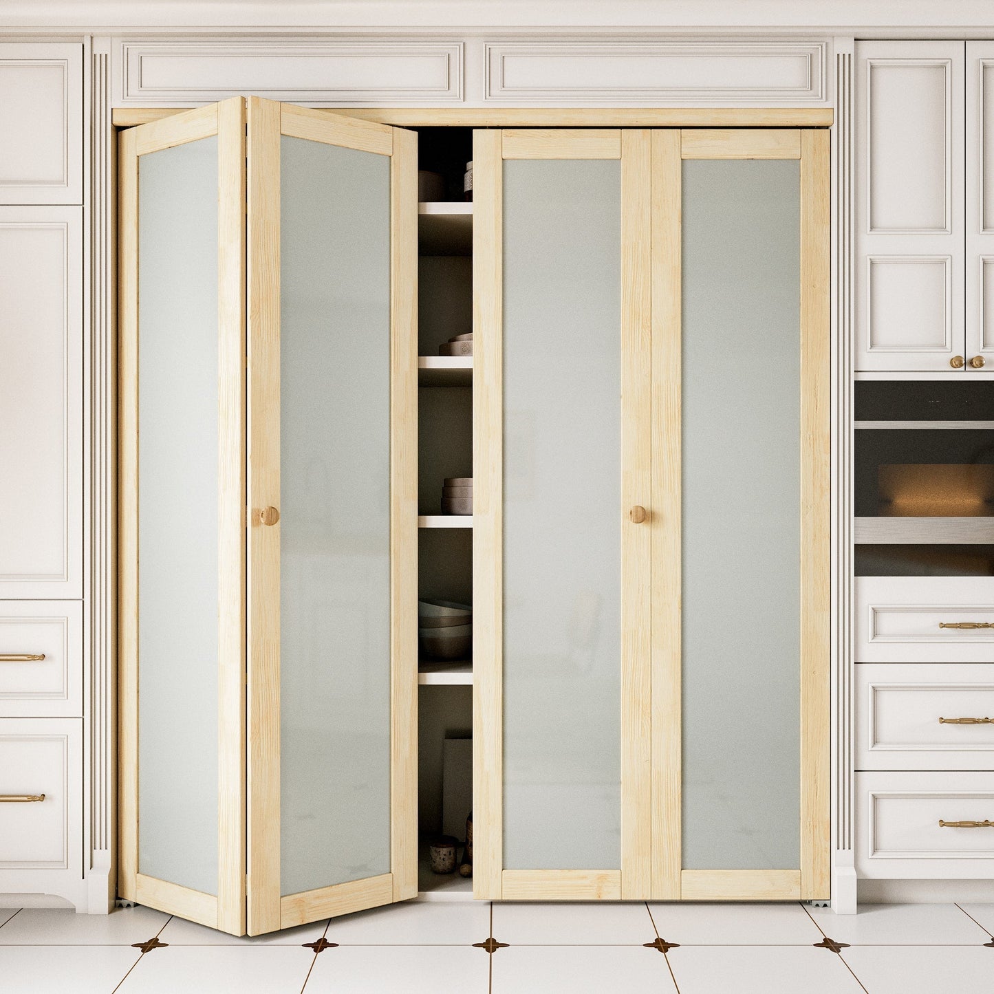 JUJUBON Glass Bifold Closet Door, Pine Wood Interior Door Slab with Tempered Frosted Glass, Folding Barn Door Interior with Hardware, Fascia & Knob, Unfnished Smooth Surface