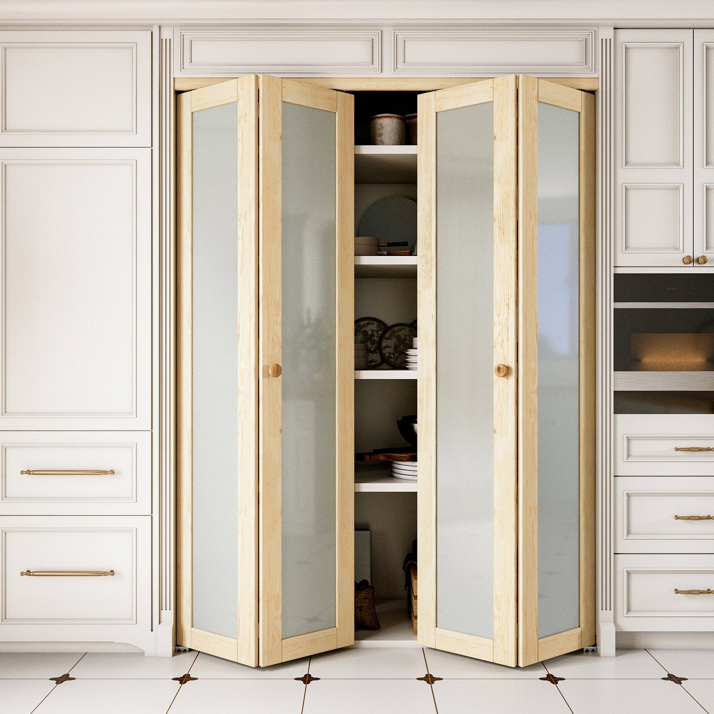 JUJUBON Glass Bifold Closet Door, Pine Wood Interior Door Slab with Tempered Frosted Glass, Folding Barn Door Interior with Hardware, Fascia & Knob, Unfnished Smooth Surface