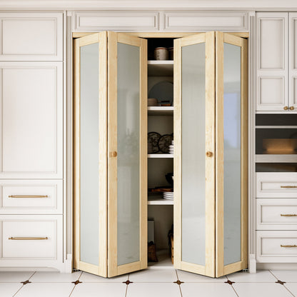 JUJUBON Glass Bifold Closet Door, Pine Wood Interior Door Slab with Tempered Frosted Glass, Folding Barn Door Interior with Hardware, Fascia & Knob, Unfnished Smooth Surface