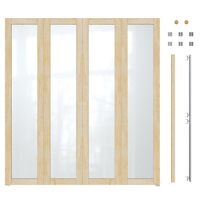 JUJUBON Glass Bifold Closet Door, Pine Wood Interior Door Slab with Tempered Frosted Glass, Folding Barn Door Interior with Hardware, Fascia & Knob, Unfnished Smooth Surface