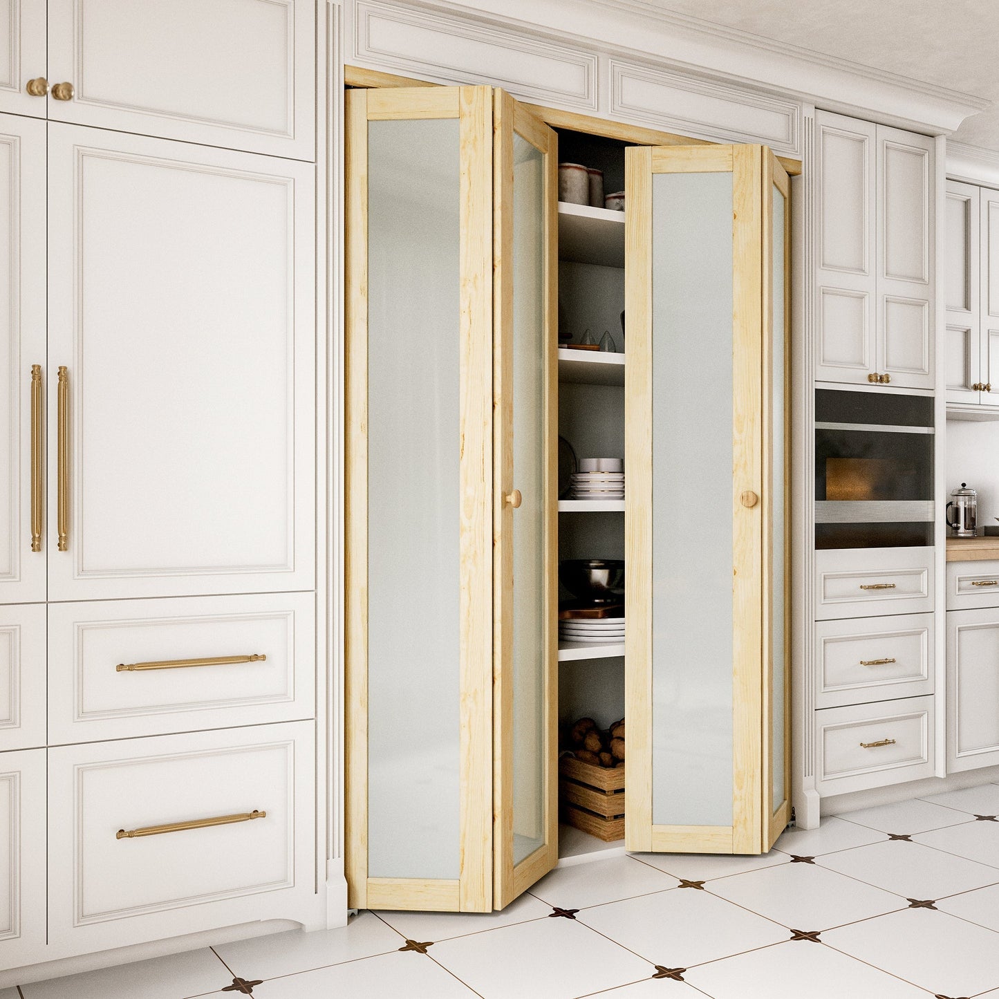 JUJUBON Glass Bifold Closet Door, Pine Wood Interior Door Slab with Tempered Frosted Glass, Folding Barn Door Interior with Hardware, Fascia & Knob, Unfnished Smooth Surface