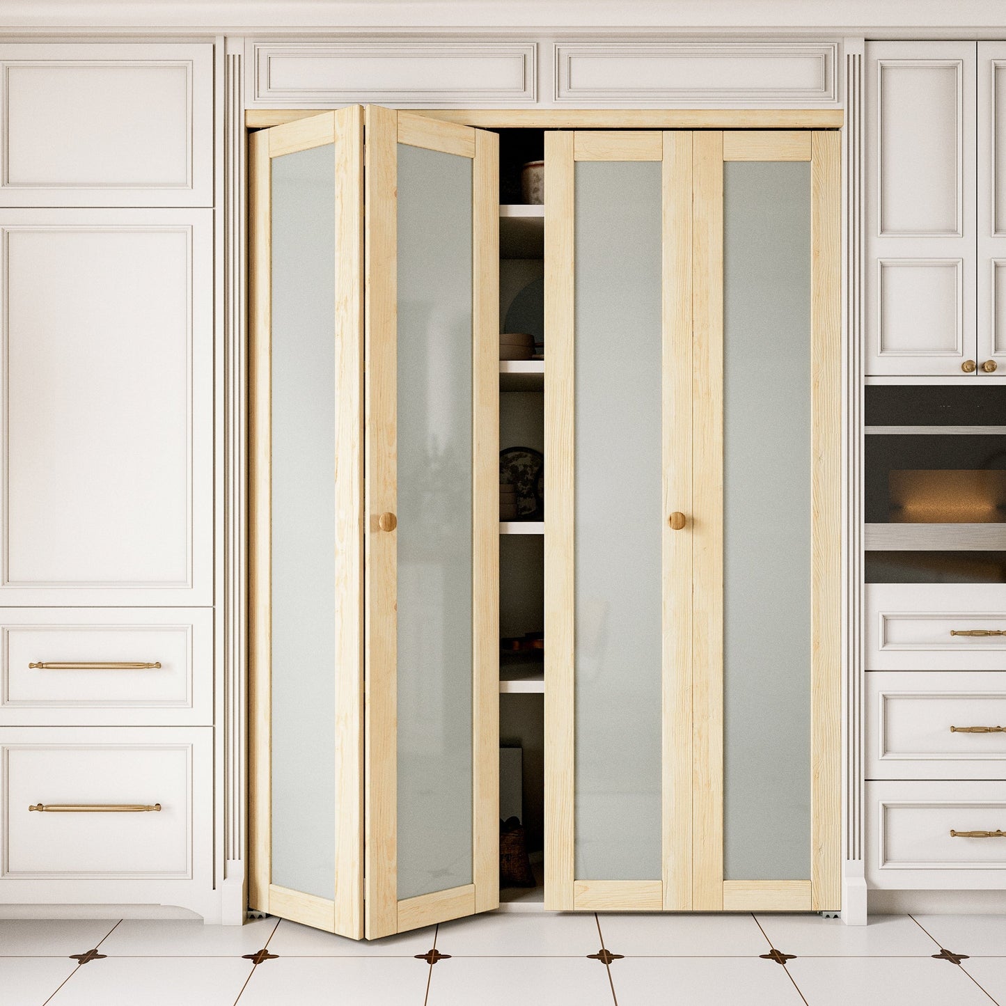 JUJUBON Glass Bifold Closet Door, Pine Wood Interior Door Slab with Tempered Frosted Glass, Folding Barn Door Interior with Hardware, Fascia & Knob, Unfnished Smooth Surface
