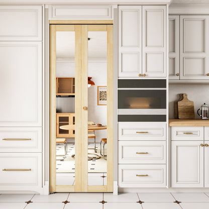 Jujubon 1-Lite Mirror Solid Core Unfinished Pine Wood Interior Closet Pivot Door with Hardware