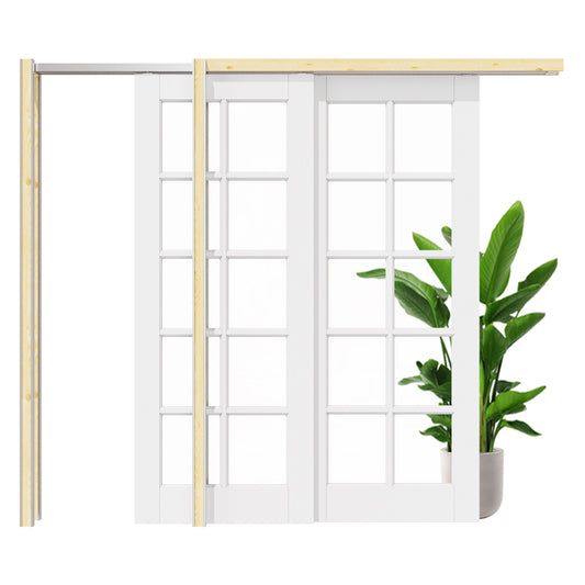 Jujubon 10 Lite Clear Glass Double Bypass Pocket Door with Hardware Kit & Soft Close & Frame, Solid Core MDF Wood & Paint-grade Finished, White