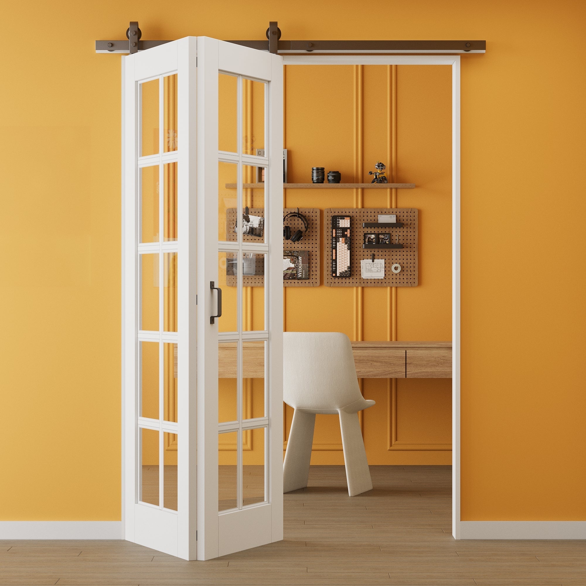 JUJUBON Pre-Assembled 10-Lite Clear Glass Bifold Barn Door, Paintable MDF Bi Fold Barn Doors with Hardware Included, Interior Bifold Sliding Barn Door for Pantry Laundry Closet, Easy Install