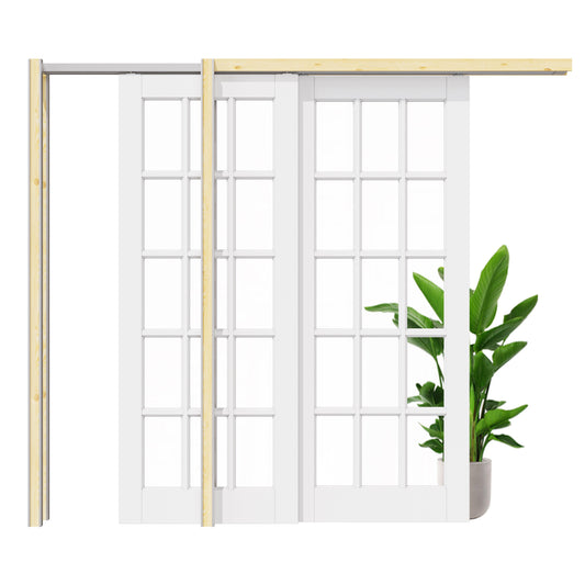 Jujubon 15 Lite Clear Glass Double Bypass Pocket Door with Hardware Kit & Soft Close & Frame, Solid Core MDF Wood & Paint-grade Finished, White