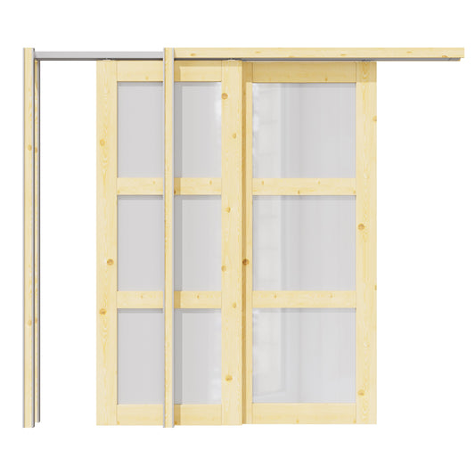 Jujubon 3 Lite Frosted Glass Double Bypass Pocket Door with Hardware Kit & Soft Close & Frame, Pine Wood & Paint-grade Finished