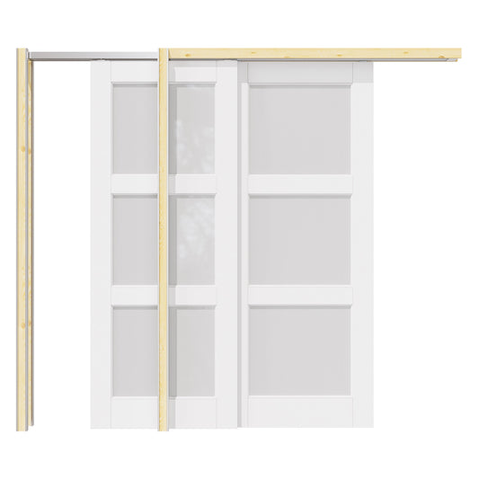 Jujubon 3 Lite Frosted Glass Double Bypass Pocket Door with Hardware Kit & Soft Close & Frame, Solid Core MDF Wood & Paint-grade Finished, White