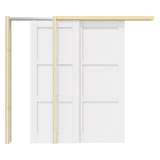 Jujubon 3 Panel Double Bypass Pocket Door with Hardware Kit & Soft Close & Frame, Solid Core MDF Wood & Paint-grade Finished, White