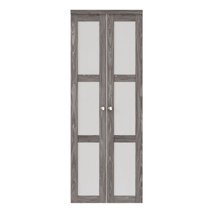 [Two Hardware Kits] Jujubon 3-Lite Forest Glass Pivot Door with Two Hardware Kits, Solid Core MDF Wood, Iron Age