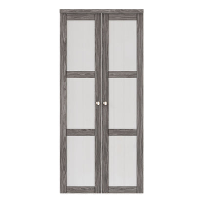 [Two Hardware Kits] Jujubon 3-Lite Forest Glass Pivot Door with Two Hardware Kits, Solid Core MDF Wood, Iron Age