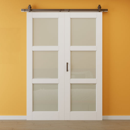 JUJUBON Paintable Bifold Barn Door, 3-Lite Tempered Frosted Glass Barn Door Bifold Closet Doors with Hardware Kit Included, Water-Resistant Pre-Assembled MDF Panels, Smooth Sliding Easy Install