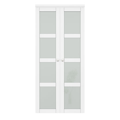 [Two Hardware Kits] Jujubon 4-Lite Tempered Frosted Glass French Pivot Door with Two Hardware Kits, Solid Core MDF Wood & PVC Covered Finished, White