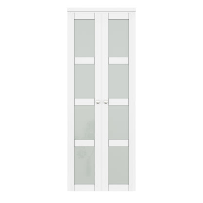 [Two Hardware Kits] Jujubon 4-Lite Tempered Frosted Glass French Pivot Door with Two Hardware Kits, Solid Core MDF Wood & PVC Covered Finished, White