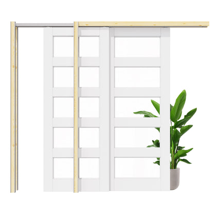 Jujubon 5 Lite Clear Glass Double Bypass Pocket Door with Hardware Kit & Soft Close & Frame, Solid Core MDF Wood & Paint-grade Finished, White