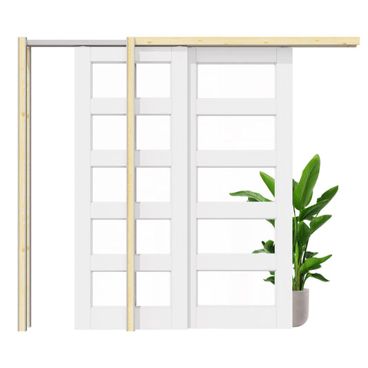 Jujubon 5 Lite Clear Glass Double Bypass Pocket Door with Hardware Kit & Soft Close & Frame, Solid Core MDF Wood & Paint-grade Finished, White