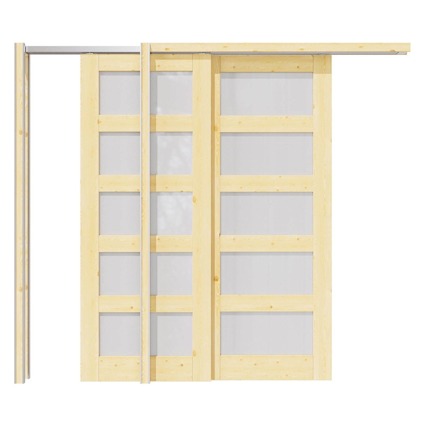 Jujubon 5 Lite Frosted Glass Double Bypass Pocket Door with Hardware Kit & Soft Close & Frame, Pine Wood & Paint-grade Finished
