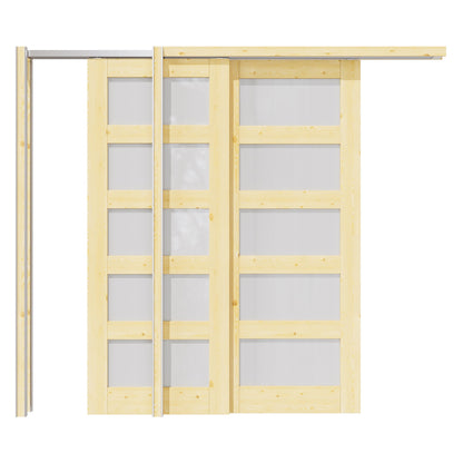 Jujubon 5 Lite Frosted Glass Double Bypass Pocket Door with Hardware Kit & Soft Close & Frame, Pine Wood & Paint-grade Finished