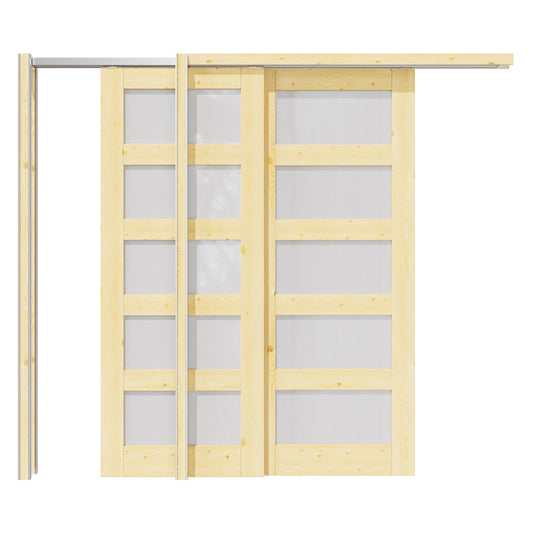 Jujubon 5 Lite Frosted Glass Double Bypass Pocket Door with Hardware Kit & Soft Close & Frame, Pine Wood & Paint-grade Finished