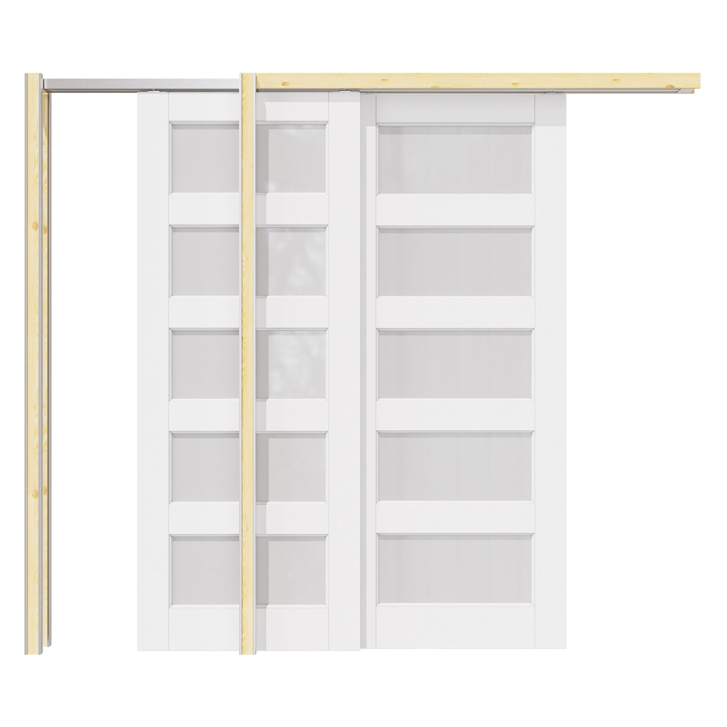Jujubon 5 Lite Frosted Glass Double Bypass Pocket Door with Hardware Kit & Soft Close & Frame, Solid Core MDF Wood & Paint-grade Finished, White