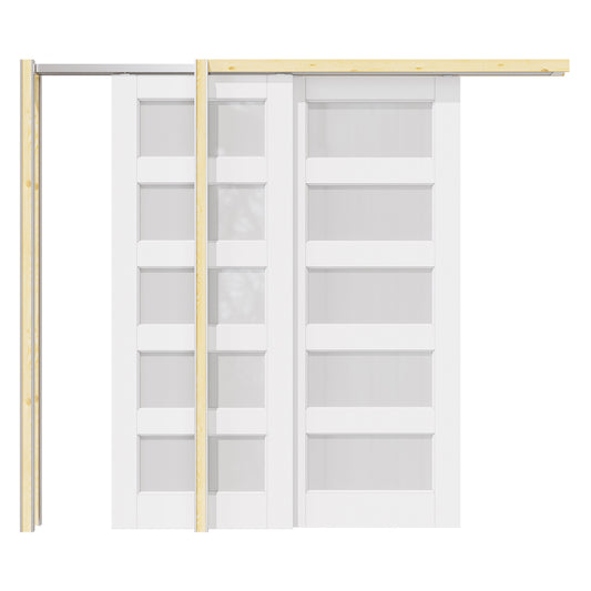 Jujubon 5 Lite Frosted Glass Double Bypass Pocket Door with Hardware Kit & Soft Close & Frame, Solid Core MDF Wood & Paint-grade Finished, White