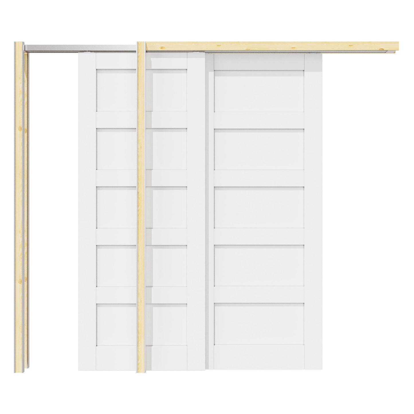 Jujubon 5 Panel Double Bypass Pocket Door with Hardware Kit & Soft Close & Frame, Solid Core MDF Wood & Paint-grade Finished, White