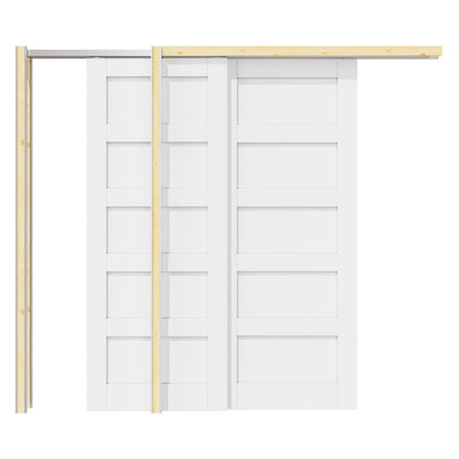 Jujubon 5 Panel Double Bypass Pocket Door with Hardware Kit & Soft Close & Frame, Solid Core MDF Wood & Paint-grade Finished, White