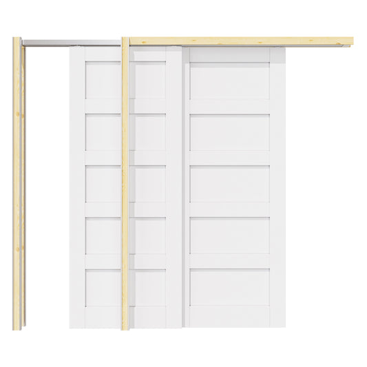 Jujubon 5 Panel Double Bypass Pocket Door with Hardware Kit & Soft Close & Frame, Solid Core MDF Wood & Paint-grade Finished, White