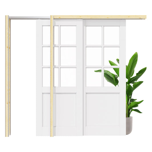 Jujubon 6 Lite Clear Glass Double Bypass Pocket Door with Hardware Kit & Soft Close & Frame, Solid Core MDF Wood & Paint-grade Finished, White