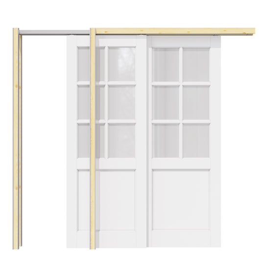 Jujubon 6 Lite Frosted Glass Double Bypass Pocket Door with Hardware Kit & Soft Close & Frame, Solid Core MDF Wood & Paint-grade Finished, White