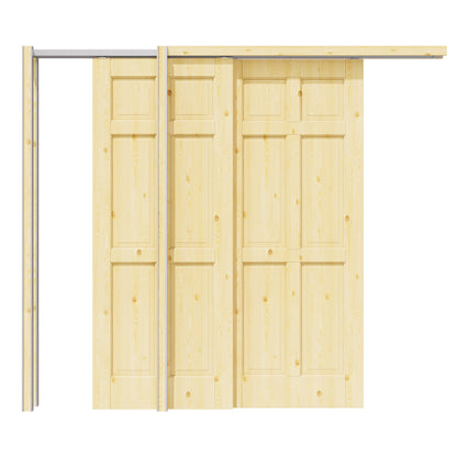 Jujubon 6 Panel Double Bypass Pocket Door with Hardware Kit & Soft Close & Frame, Pine Wood & Paint-grade Finished