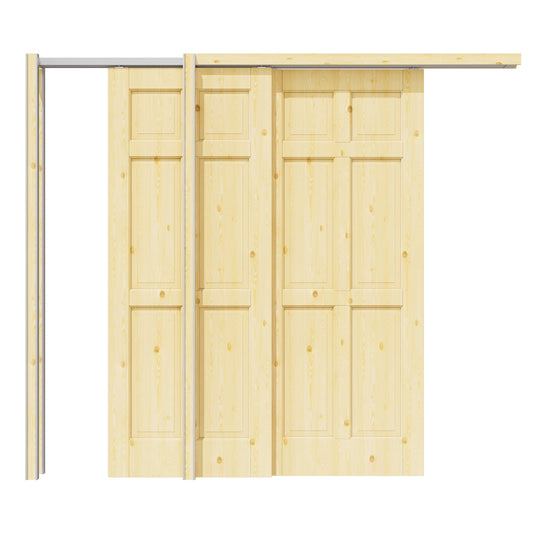 Jujubon 6 Panel Double Bypass Pocket Door with Hardware Kit & Soft Close & Frame, Pine Wood & Paint-grade Finished