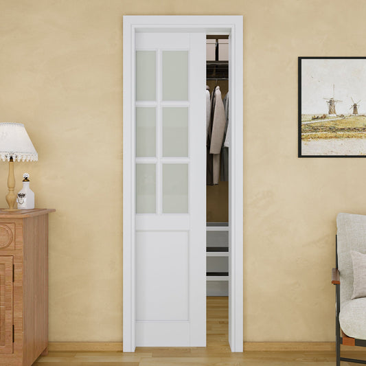 Jujubon 6-Lite Frosted Glass Pocket Door with Hardware Kit & Soft Close & Frame, MDF Wood & Paint-grade Finished, White