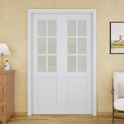 Jujubon 6-Lite Frosted Glass Pocket Door with Hardware Kit & Soft Close & Frame, MDF Wood & Paint-grade Finished, White